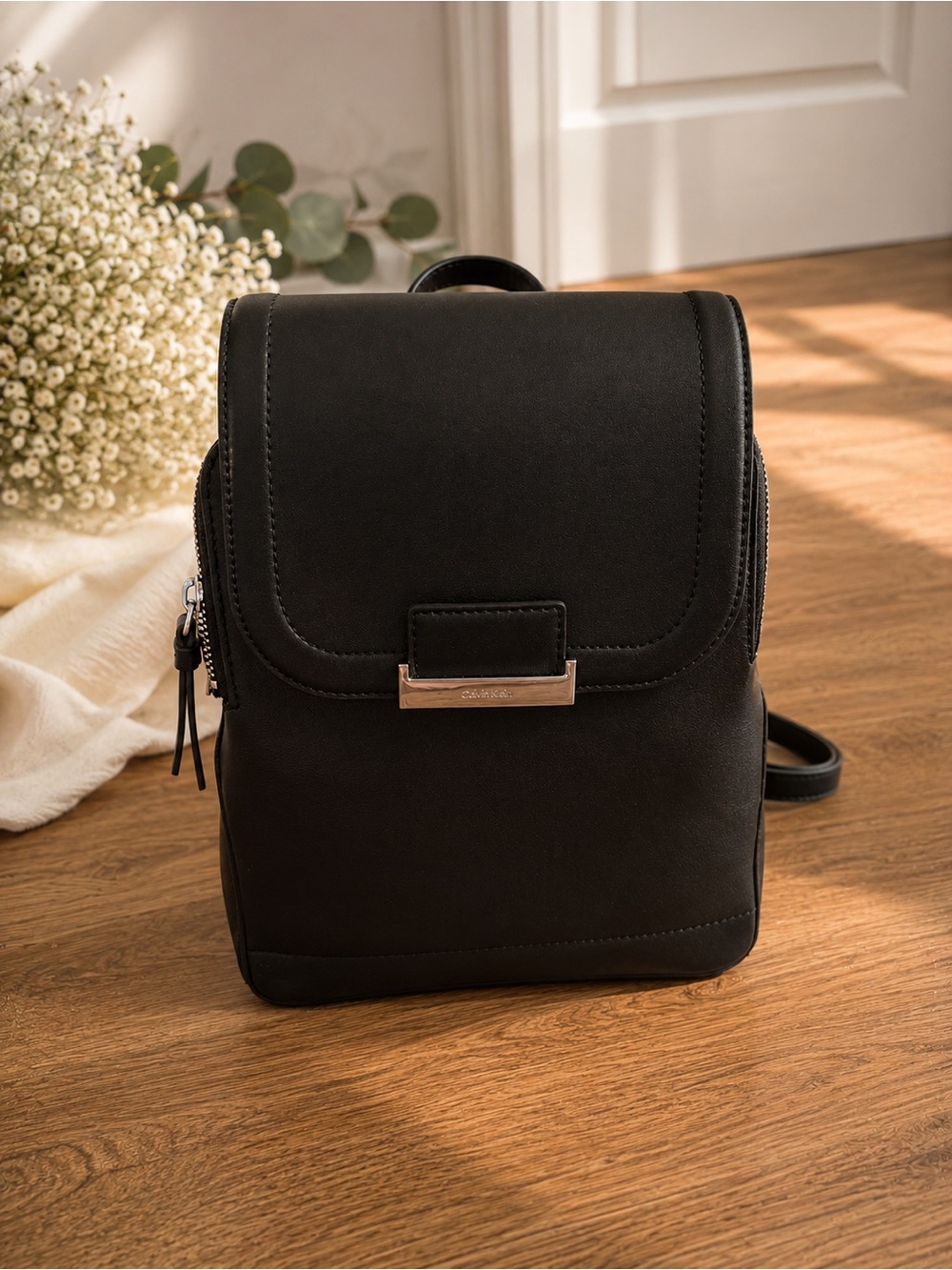 Calvin Klein Black Faux Leather Compact Backpack